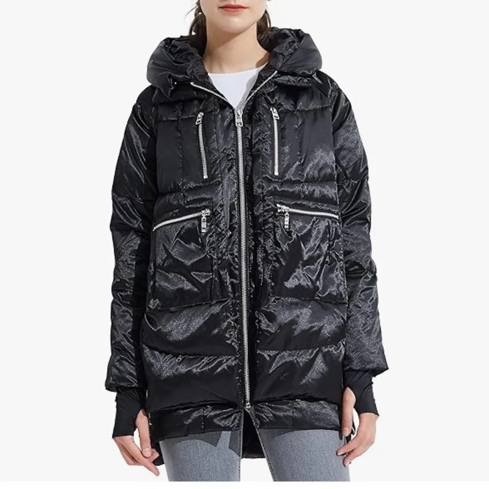 OROLAY‎ Thickened Down Coat XS Black Puffer Hooded Utility Jacket Outdoor Casual